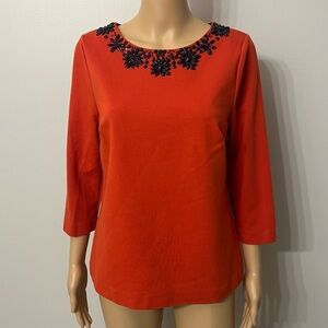 Boden Women’s Orange Ottoman Jersey Embellished Beaded Top Size 10 3/4 Sleeves